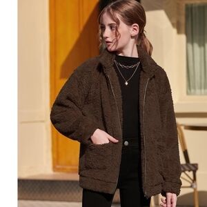 Arshiner Girls Full Zip Fleece Jacket Sherpa Outwear 4_8 Years, Brown